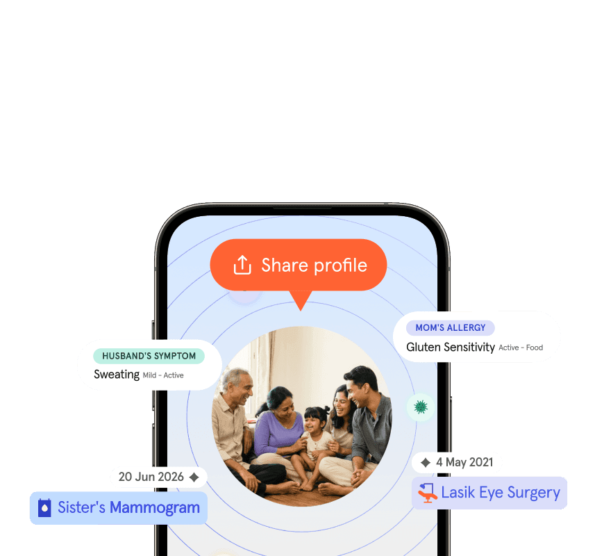 Fluent Health app screen showing a shared family profile with symptoms, allergies, and appointment history